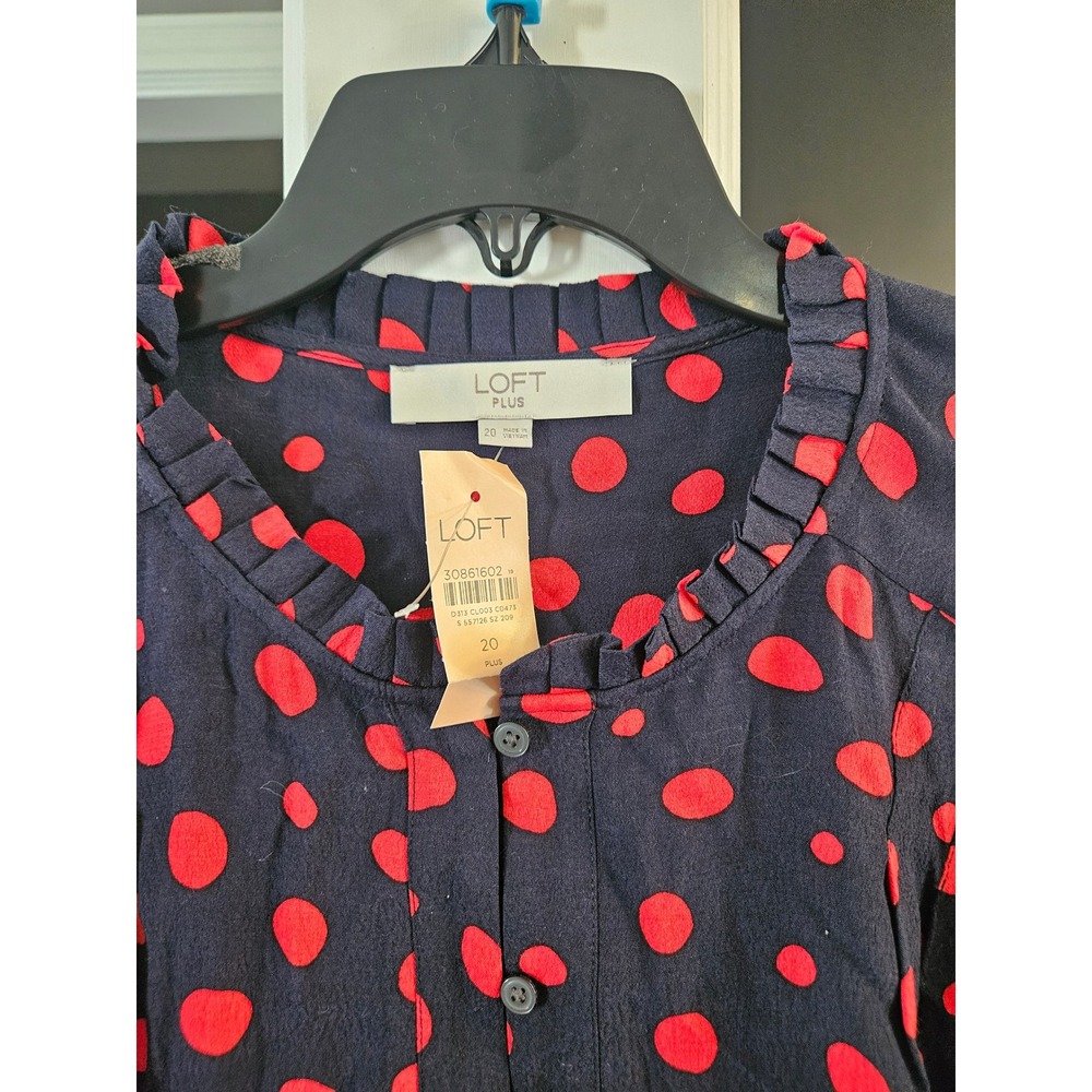 LOFT PLUS Navy Red Polka Dot Ruffle Neck Button Front Long Sleeve Blouse Top 20